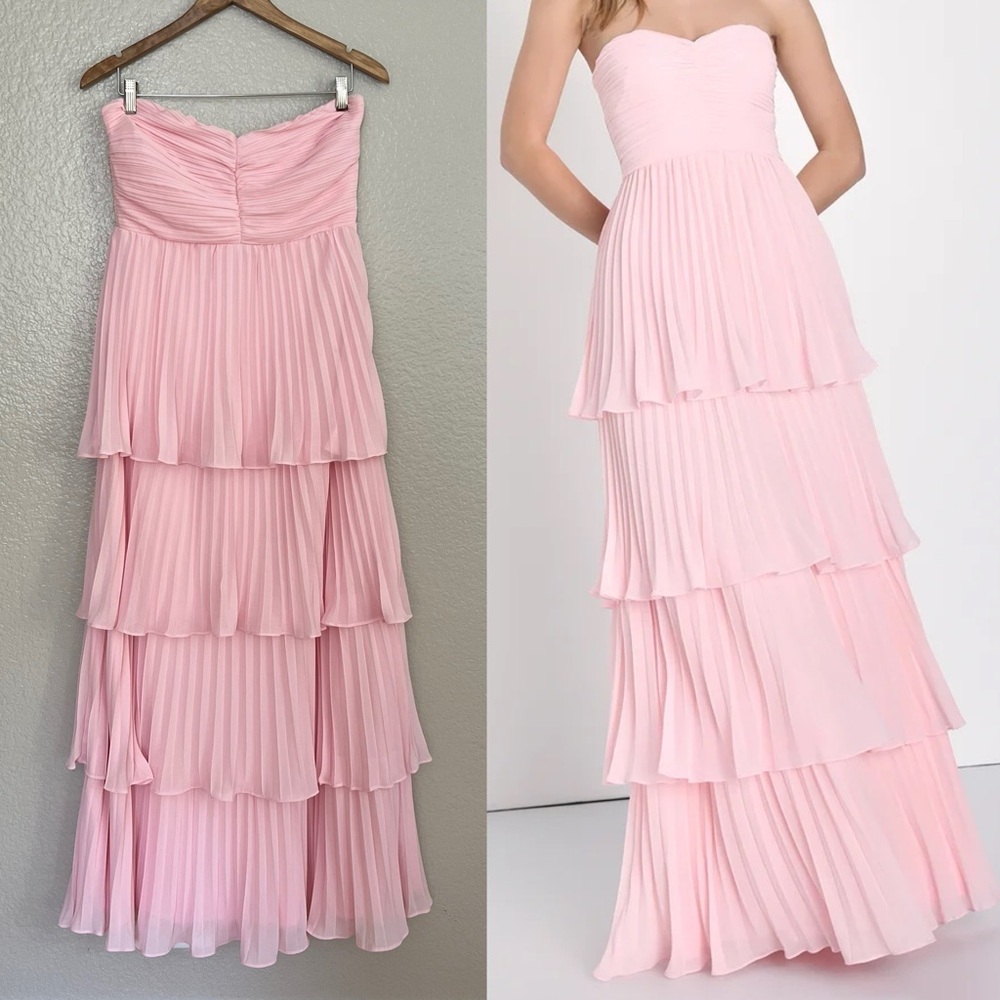 Lulu's Strapless Layered Pleated Maxi Dress in Light Pink